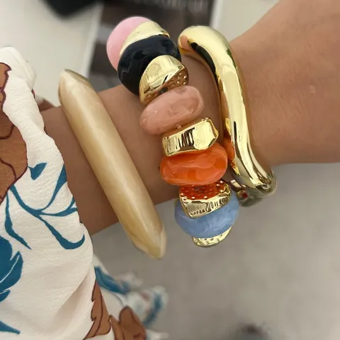 Set Bracciali in Lega Acrilica Vintage Stile Europeo Americano Donna Colorati Marmo Resina Elastici Perline Onda Bracciale Oro Retro Gioielli Accessori