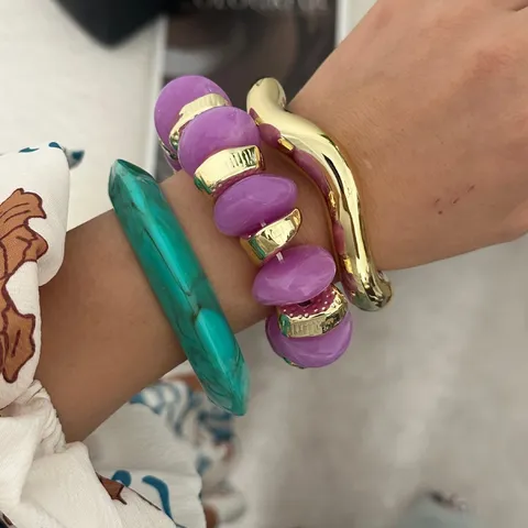 Set Bracciali in Lega Acrilica Vintage Stile Europeo Americano Donna Colorati Marmo Resina Elastici Perline Onda Bracciale Oro Retro Gioielli Accessori