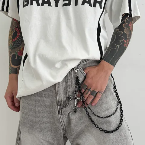 Gothic Dark Double Layered Metal Pants Chain With Rhinestone Cross Pendant Hip Hop Unisex Alloy Streetwear Waist Belt Chain