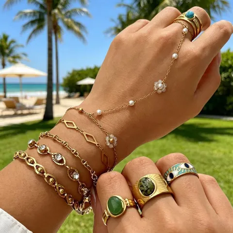 Stainless Steel Hand Chain Bracelet Artificial Pearl Flower Charm Ring Linked Bracelet Gold Plated Hand Harness For Women