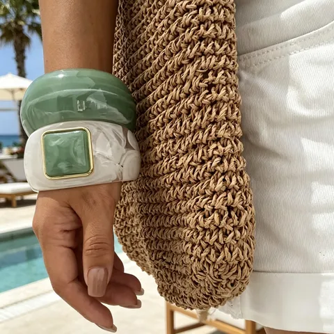Bracciale Rigido Largo in Resina Stile Occidentale per Donna Texture Marmo Agata Finta Intarsio Metallo Dorato Gioielli Moda