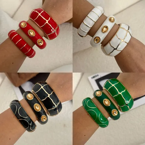 Bracciale Rigido Aperto in Lega Vintage Smalto Geometrico Plaid Strass Intarsiato Bracciale Largo Donna Gioielli di Lusso