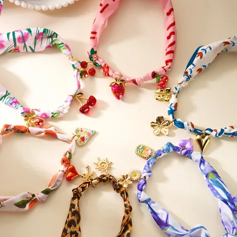 Fashion Scarf Necklace Satin Fabric Alloy Pendant Bohemian Floral Leopard Print Heart Fruit Choker Handmade Jewelry For Women