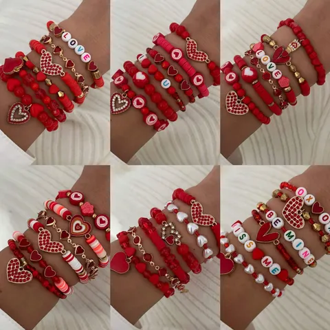 Juego de Pulseras a Capas de San Valentín Colgante Corazón Rojo Aleación Diamante Imitación Perla Artificial Regalo Joyería