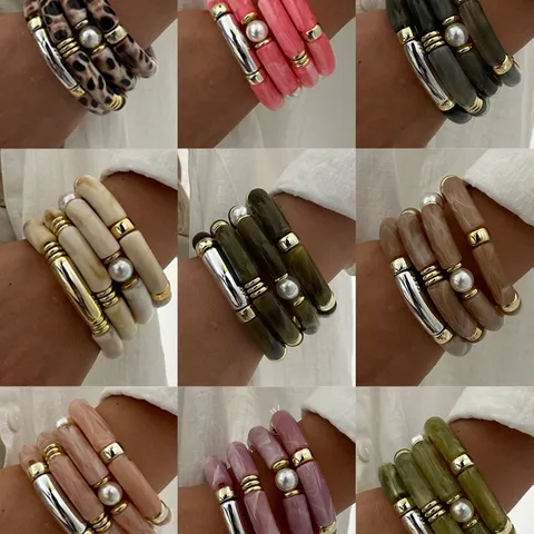 Set di Braccialetti in Acrilico Curvo Retrò per Donna Moda Colorato Stile Maillard Bracciale Perla Artificiale Leopardo Marmo Gioielli