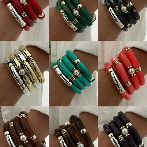 Set di Braccialetti in Acrilico Curvo Retrò per Donna Moda Colorato Stile Maillard Bracciale Perla Artificiale Leopardo Marmo Gioielli