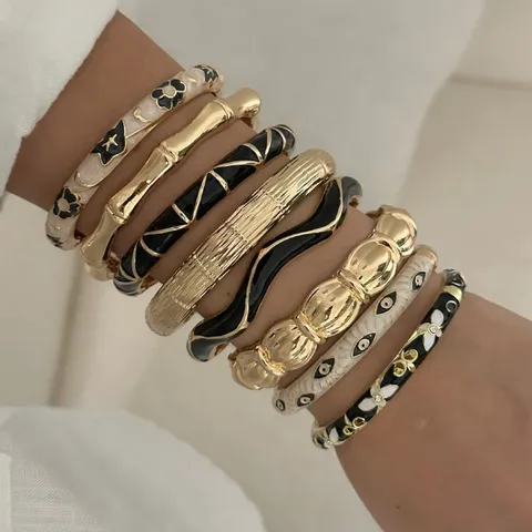 Braccialetto Vintage in Lega e Smalto per Donna Retrò Trama di Bambù Malocchio Geometrico Strass Contrasto di Colore Regolabile Gioielli