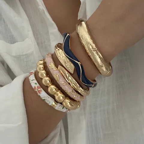 Braccialetto Vintage in Lega e Smalto per Donna Retrò Trama di Bambù Malocchio Geometrico Strass Contrasto di Colore Regolabile Gioielli