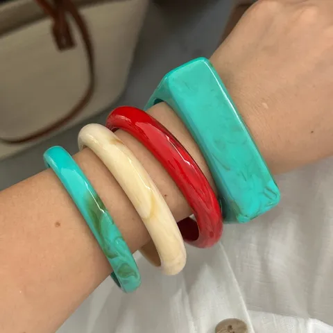 Bracciale Rigido Geometrico Vintage in Acrilico per Donna Texture Marmo Quadrato Largo Sottile Rotondo in Resina Gioielli di Nicchia