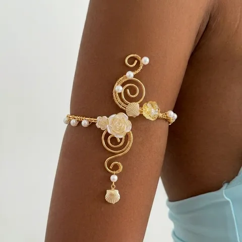 Bracciali da Braccio Floreali Bohemian Bracciali Aperti a Spirale per Donna Gioielli da Spiaggia Perla Artificiale Fiore in Resina