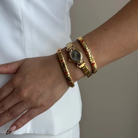 Vintage Gold Oval Watch And Heart Cherry Strawberry Stretch Bracelet Jewelry Set For Women Stainless Steel Fashion Bangle Set