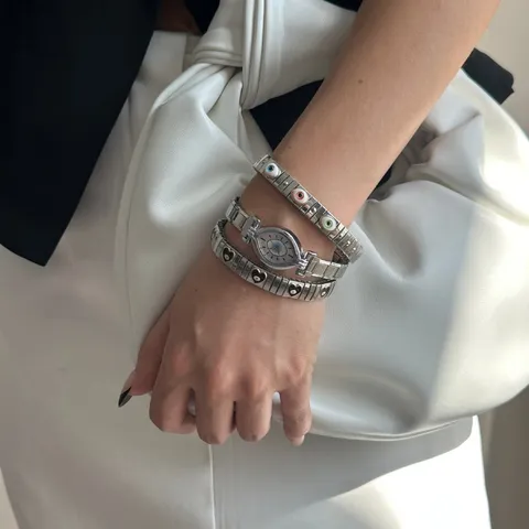 Retro Stainless Steel Evil Eye Watch Bracelet Jewelry Collection Women Gold Silver Elastic Accessories Layered Style