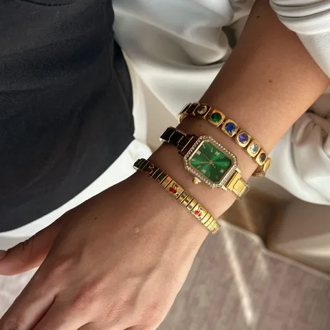 Lussuoso Set Orologio Quadrato Verde Smeraldo Strass Acciaio Inossidabile Orologio da Donna Con Bracciale Elastico Ciliegia Strass Set Gioielli