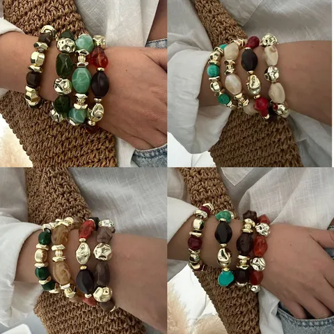 Bracciale Multicolore Vintage Irregolare in Acrilico CCB con Perle Geometriche per Donna Motif Marmo Boemo Gioielli alla Moda Artistica