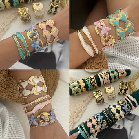 Bracciale Rigido Aperto in Smalto Stile Vacanza Occidentale con Elementi Marini Stella Marina Fiocco Conchiglia Acciaio Inossidabile Gioielli alla Moda da Donna