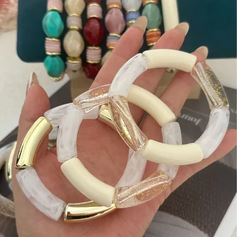 Vintage Candy Color Acrylic Beaded Elastic Bracelet For Women Retro Multicolor Stretch Bangle Fashion Jewelry Wristband Gift