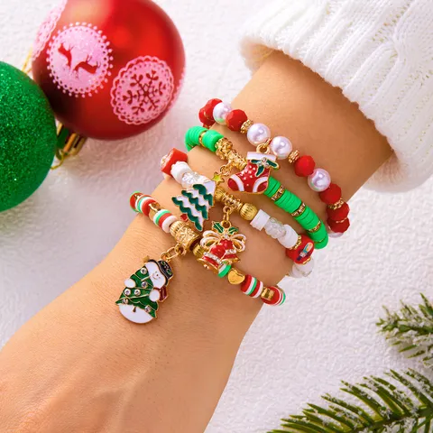Set di Braccialetti di Perle in Argilla Polimerica di Babbo Natale di Natale Per Donne Ragazze Braccialetto con Ciondolo in Smalto Gioielli Festivi