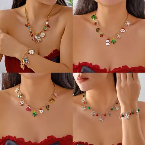 Alloy Rhinestone Christmas Theme Pendant Necklace Bracelet Set For Women Santa Claus Reindeer Snowflake Festive Jewelry
