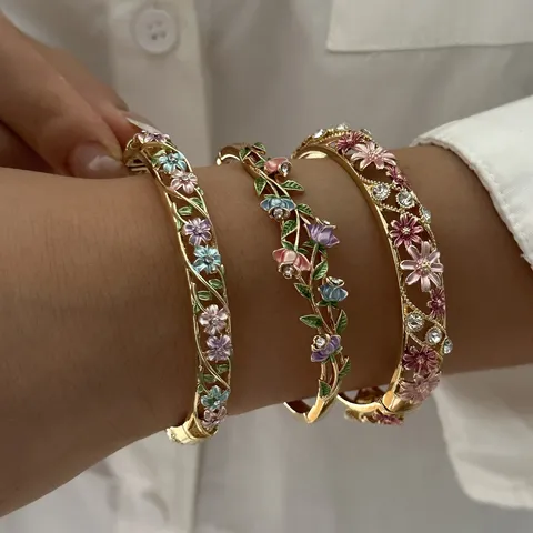 Vintage Enamel Flower Jewelry Set Copper Hollow Vine Painted Bangle Open Ring For Women Bohemian Floral Rhinestone Jewelry Party Accessories