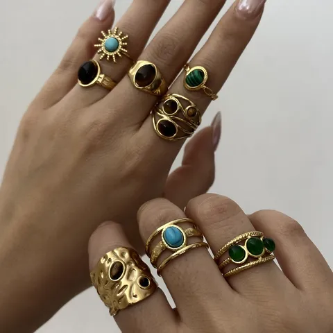 Anelli Aperti Regolabili in Oro Anticato Vintage per Donna Stile Bohémien con Intarsio di Pietra Naturale Turchese Malachite Occhio di Tigre Perla Artificiale Strass Anello Gioielli