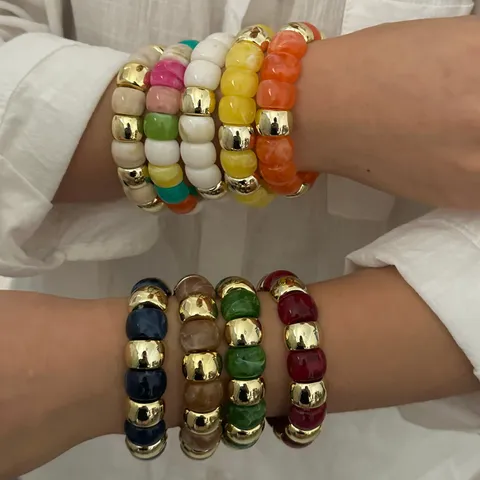 Bracciale di Perline in Acrilico Dopamina Retrò Colore a Contrasto Distanziatore in Lega Oro Elastico Gioielli Regalo Donna