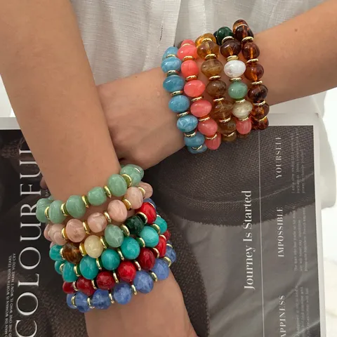 Bracciale con Perline in Pietra Colorata Irregolare Stile Vacanza Boho Giada Artificiale Agata Acrilico Lega Zirconia Bracciale Donna