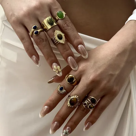 Anelli Aperti Regolabili in Oro Anticato Vintage per Donna Stile Bohémien con Intarsio di Pietra Naturale Turchese Malachite Occhio di Tigre Perla Artificiale Strass Anello Gioielli