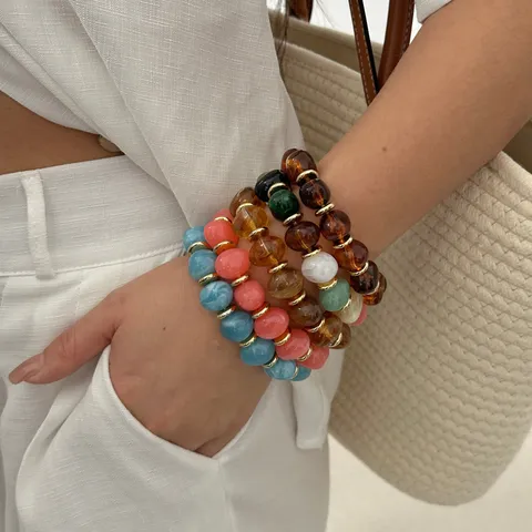Bracciale con Perline in Pietra Colorata Irregolare Stile Vacanza Boho Giada Artificiale Agata Acrilico Lega Zirconia Bracciale Donna