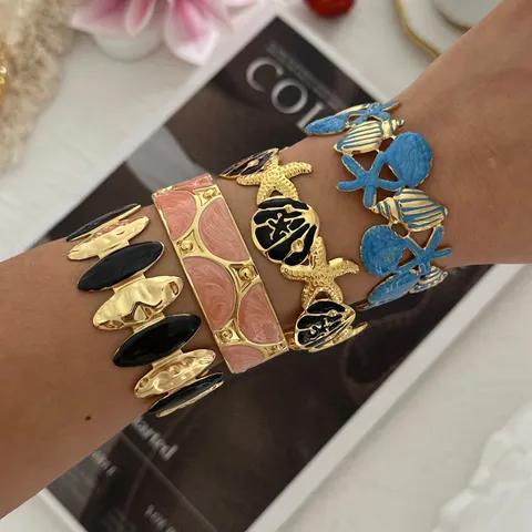 Bracciale Rigido Aperto in Acciaio Inossidabile con Smalto Stile Oceanico Stella Marina Conchiglia Tartaruga per Donna