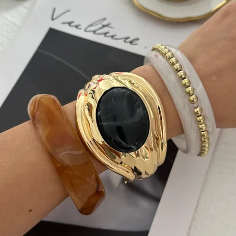 Bracciale Rigido in Smalto Vintage per Donna Lega Placcata Oro con Perline Retrò Lusso Leggero Gioielli da Banchetto Regalo