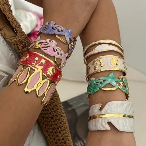 Bracciale Rigido in Smalto Acciaio Inossidabile Dopamina per Donna Estate Frutta Ciliegia Oceano Stella Marina Gioielli