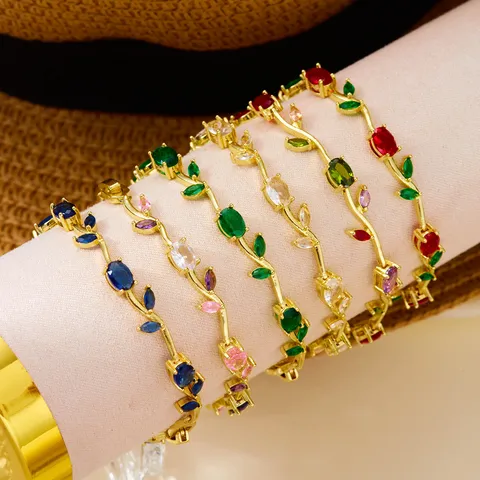 Elegant Copper Gold Plated Tulip Leaf Bracelet For Women Multi Color Zirconia Inlaid Adjustable Fashion Jewelry Flower Wrist Accessory
