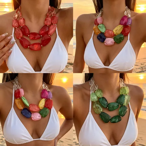 Bohemian Colorful Irregular Acrylic Bead Necklace For Women Double Layer Dopamine Vacation Style Chunky Clavicle Chain Jewelry