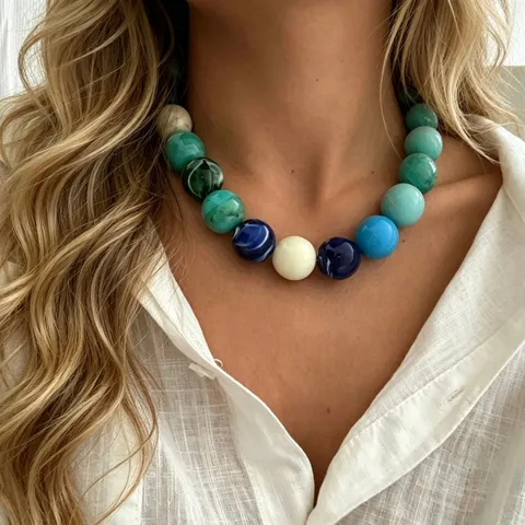 Bohemian Multicolor Large Round Bead Choker Necklace For Women Retro Contrast Color Acrylic Bead Clavicle Chain Necklace Vacation Jewelry