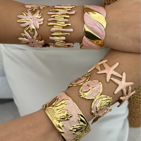 Vintage Edelstahl Vergoldet Offener Armreif Für Damen Rosa Emaille Seestern Sonnenblume C-Förmig Verstellbares Armband Mode Schmuck Geschenk