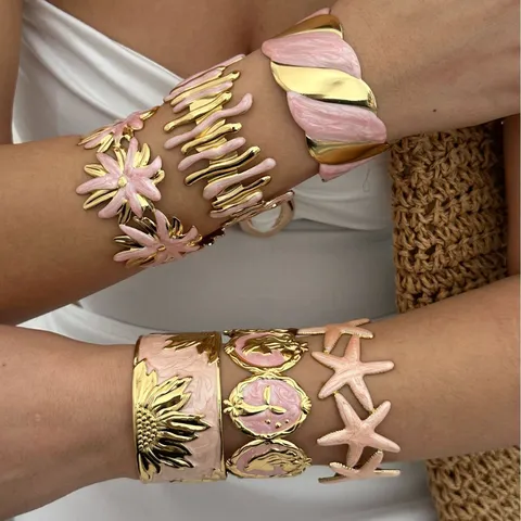 Vintage Edelstahl Vergoldet Offener Armreif Für Damen Rosa Emaille Seestern Sonnenblume C-Förmig Verstellbares Armband Mode Schmuck Geschenk