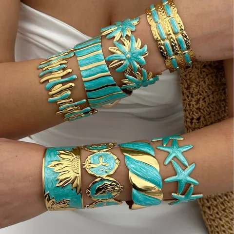 Vintage Stainless Steel Open Bangle For Women Gold Turquoise Enamel Starfish Sunflower Geometric Floral Cuff Bracelet Jewelry