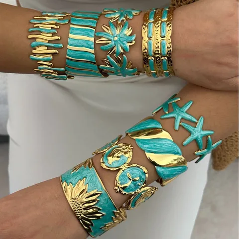 Vintage Stainless Steel Open Bangle For Women Gold Turquoise Enamel Starfish Sunflower Geometric Floral Cuff Bracelet Jewelry