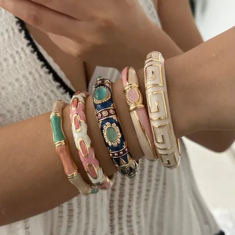 Vintage Enamel Bamboo Bangle Bracelet Alloy Rhinestone Drip Glaze Fashion Jewelry For Women Geometric Meander Pattern Gift