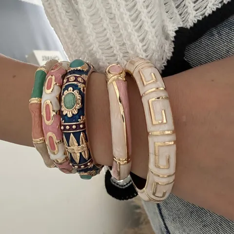 Vintage Enamel Bamboo Bangle Bracelet Alloy Rhinestone Drip Glaze Fashion Jewelry For Women Geometric Meander Pattern Gift