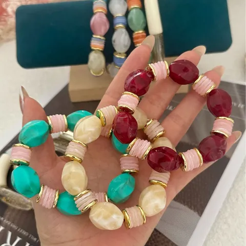 Vintage Candy Color Acrylic Beaded Elastic Bracelet For Women Retro Multicolor Stretch Bangle Fashion Jewelry Wristband Gift