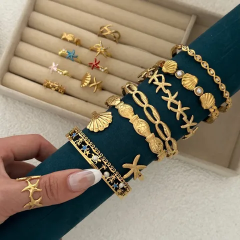 Bracciale Rigido in Acciaio Inossidabile Oro Stile Oceano Stella Marina Conchiglia Strass Perla Artificiale Anello Donna