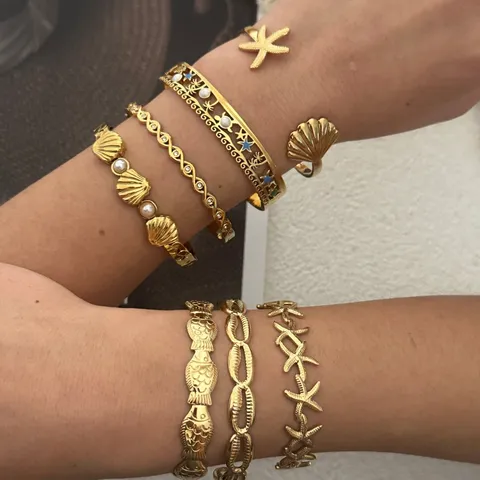 Bracciale Rigido in Acciaio Inossidabile Oro Stile Oceano Stella Marina Conchiglia Strass Perla Artificiale Anello Donna