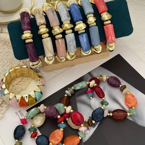 Set di Braccialetti di Perline di Pietra di Colore Macaron per Donna Lega Acrilico Oro Largo Bracciale Stile Bohemien Ins Gioielli Fatti a Mano