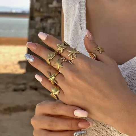 Anello Aperto Irregolare in Lega Placcato Oro per Donna Oceano Stella Marina Conchiglia Farfalla Fiore Geometrico Regolabile Gioielli di Moda Regalo