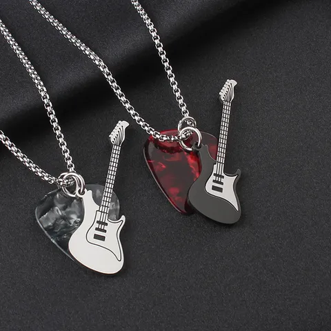 Rock Guitar Heart Pendant Necklace Stainless Steel Musical Instrument Pick Sweater Chain For Men Women Punk Hip Hop Jewelry