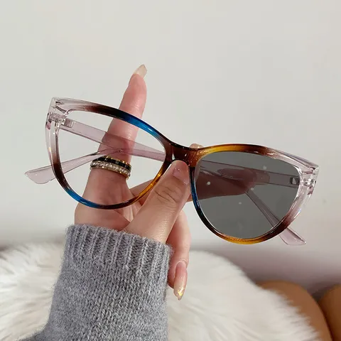 Vintage Cat Eye Photochromic Eyeglasses Frame Women Men Blue Light Blocking Glasses Retro Fashion Decorative Eyewear Slimming Clear Lens Frames
