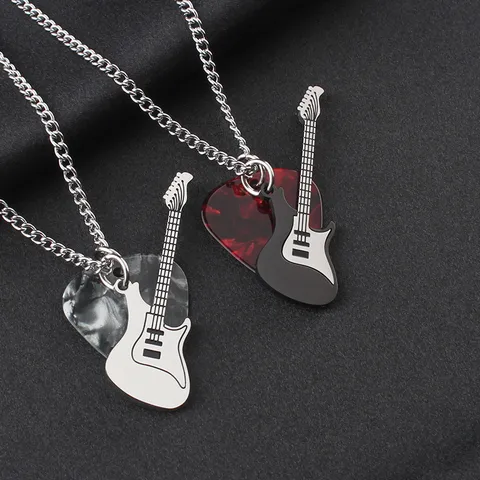 Rock Guitar Heart Pendant Necklace Stainless Steel Musical Instrument Pick Sweater Chain For Men Women Punk Hip Hop Jewelry