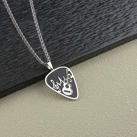 Men Stainless Steel Guitar Pick Note Pattern Pendant Necklace Rock Music Fashion Jewelry Gift Statement Accessory