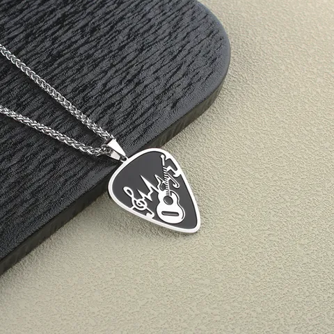Men Stainless Steel Guitar Pick Note Pattern Pendant Necklace Rock Music Fashion Jewelry Gift Statement Accessory